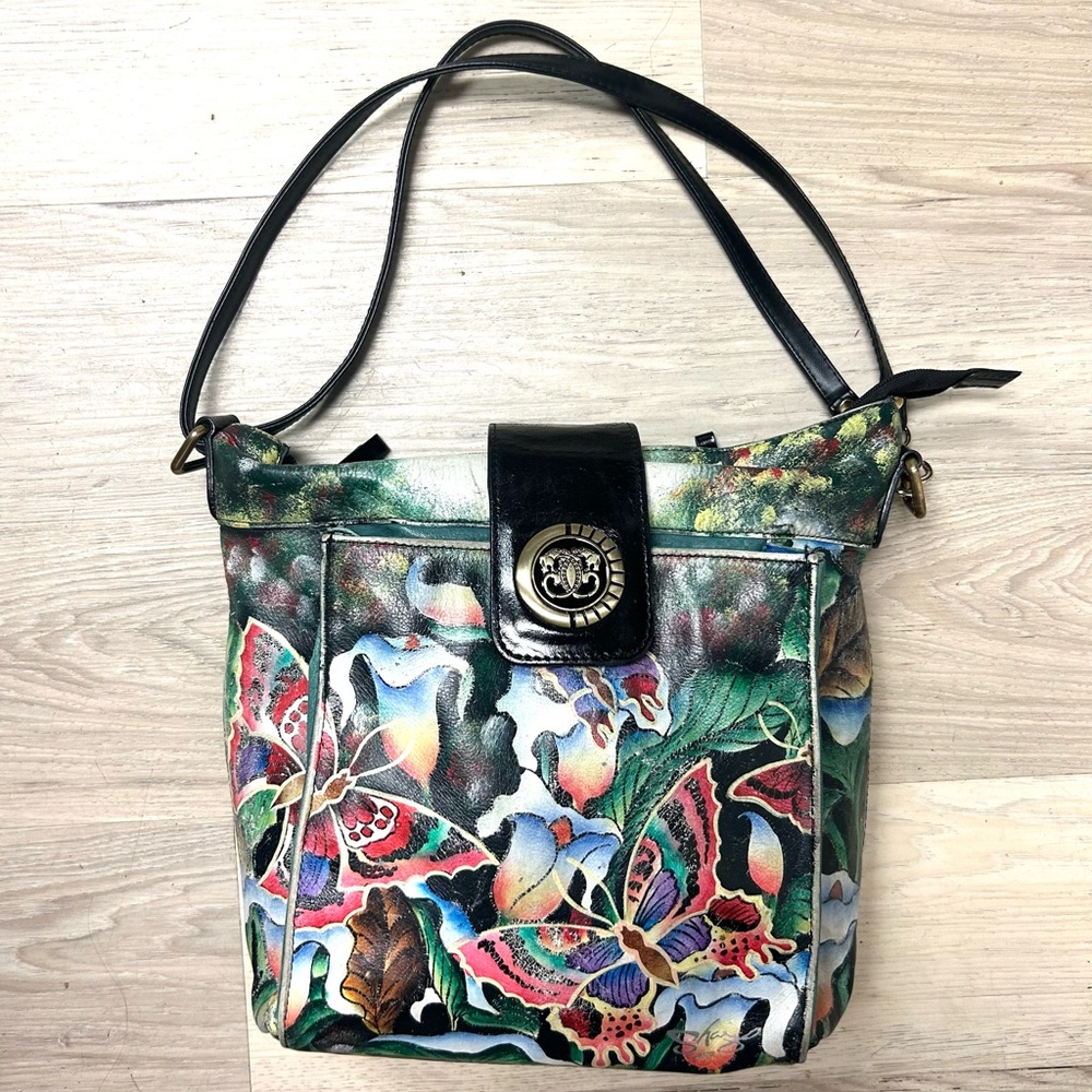 Vintage Sharif Bag Hand Painted Butterflies Colorful Medium Shoulder Bag Artsy - Picture 11 of 14